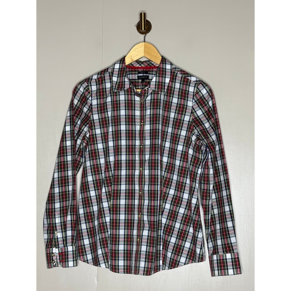 Talbots Non-Iron Tartan Plaid Button Down Shirt Red Green Gold Size 6